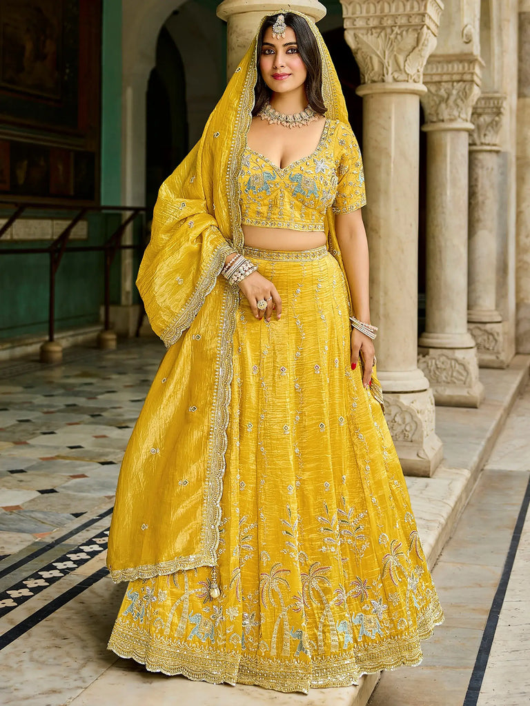 Pretty Yellow Embroidered Crush Wedding Wear Lehenga Choli