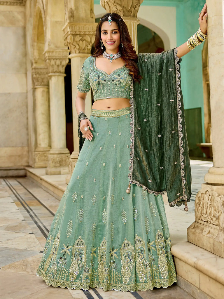 Attractive Green Embroidered Crush Engagement Wear Lehenga Choli