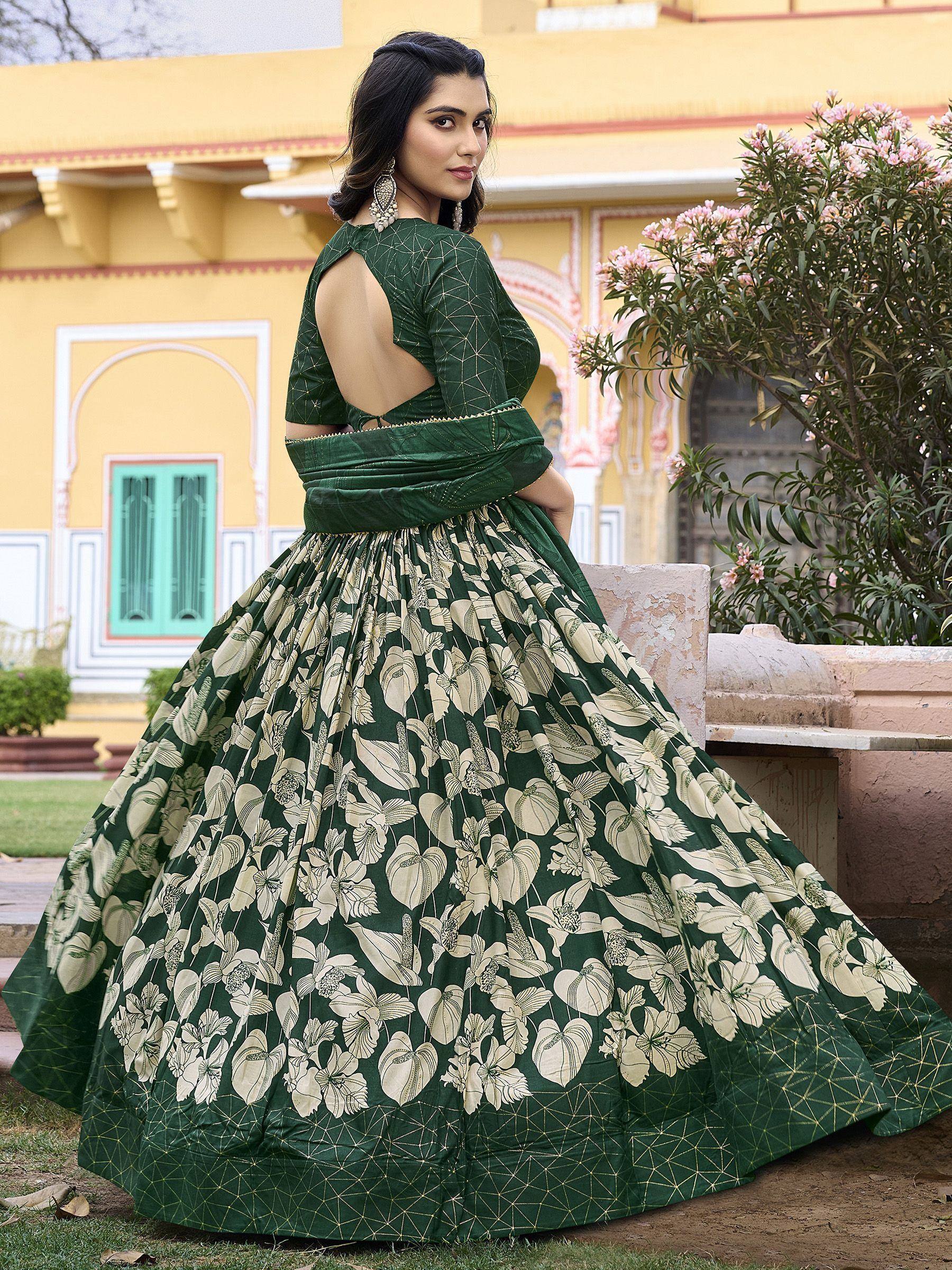 Green floral print lehenga choli with back cutout, ethnic Indian wear for women