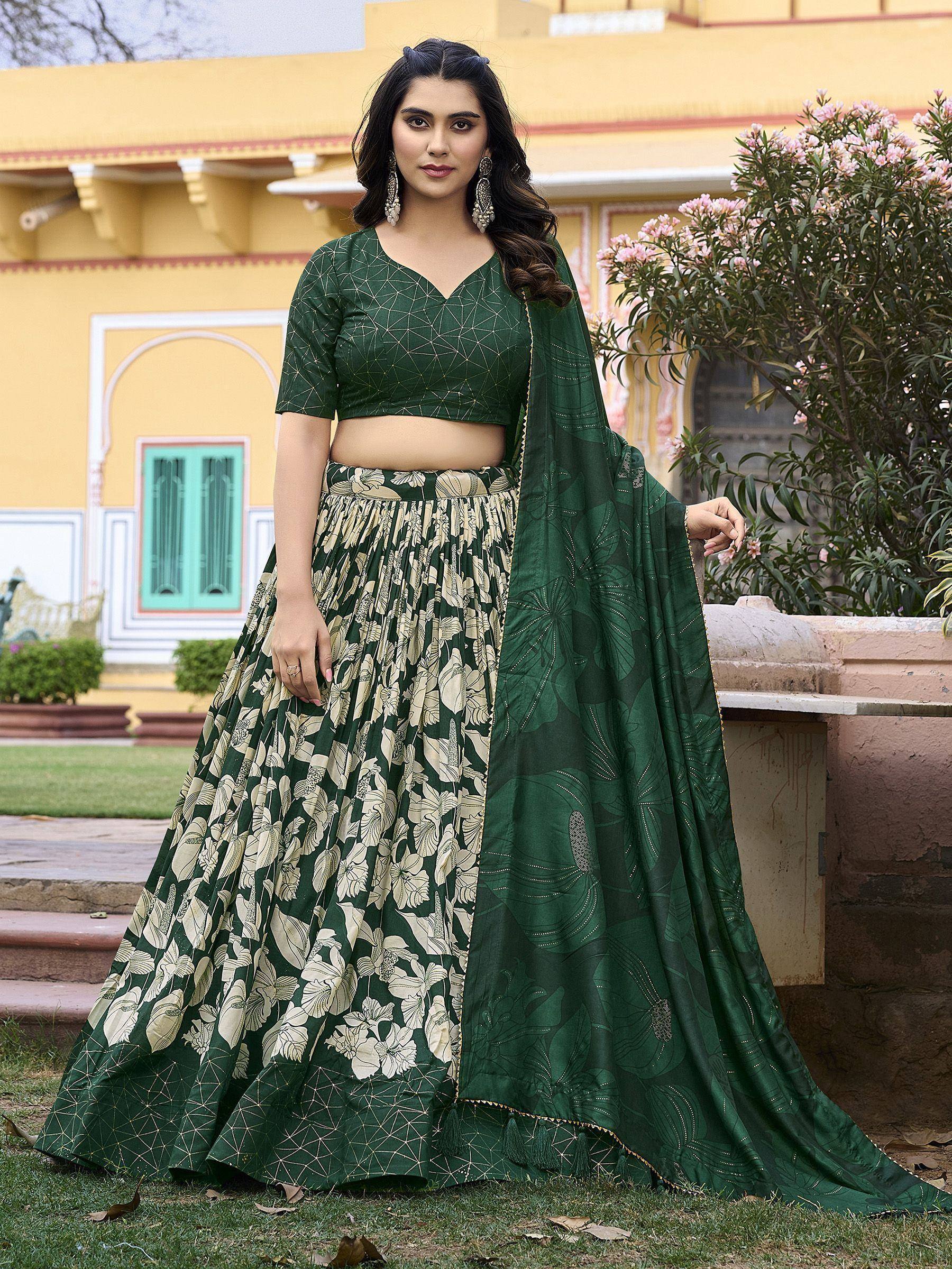 Green floral print lehenga choli with geometric blouse and dupatta, Indian ethnic wear