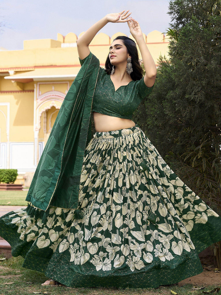 Enchanting Green Floral Printed Tussar Silk Festival Wear Lehenga Choli
