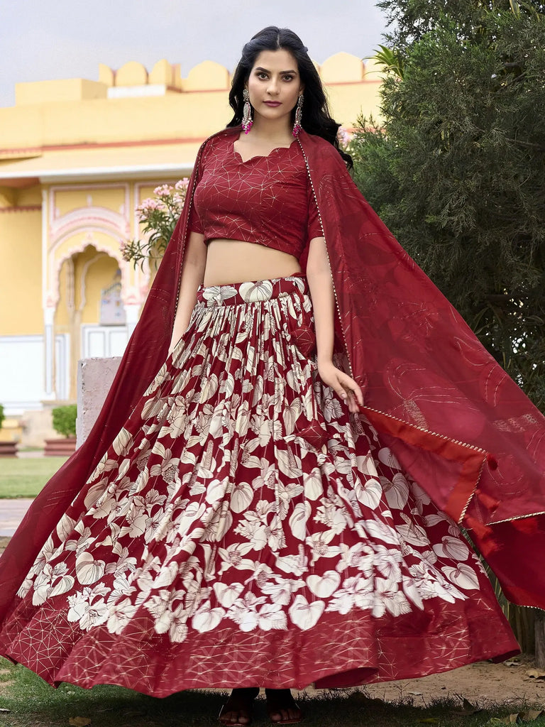 Bewitching Red Floral Printed Tussar Silk Lehenga Choli With Dupatta