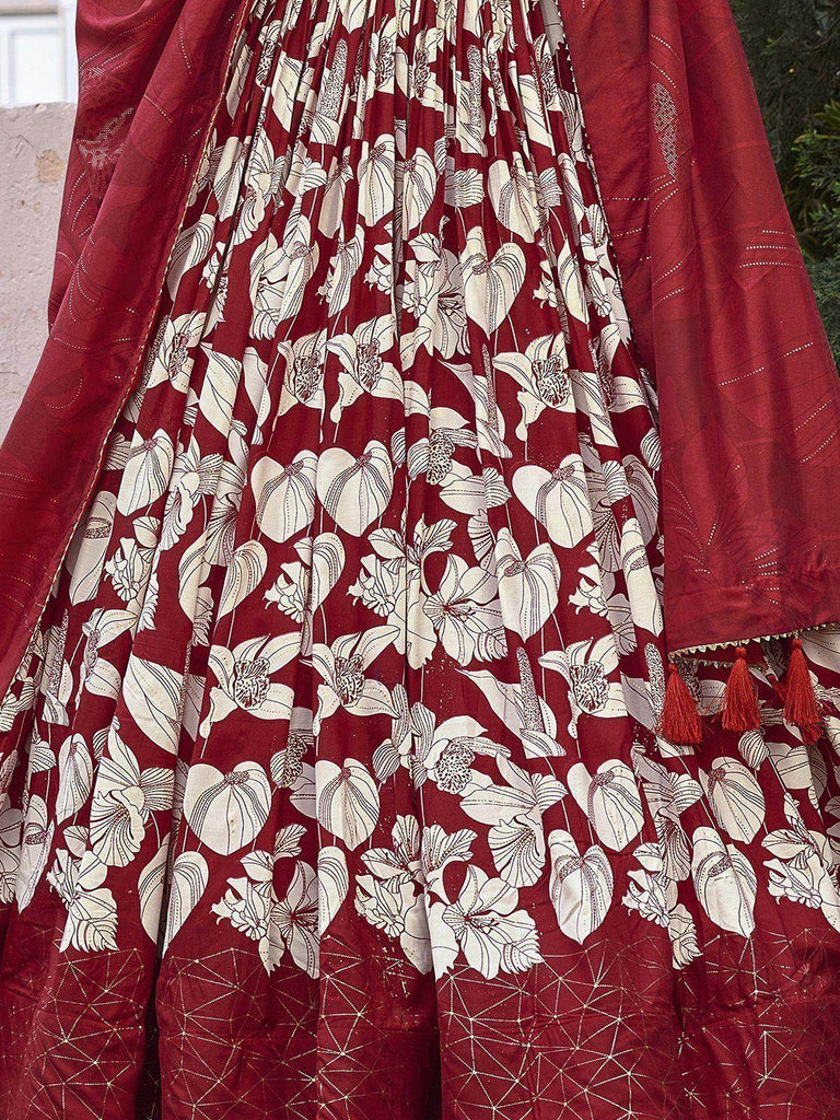 Bewitching Red Floral Printed Tussar Silk Lehenga Choli With Dupatta