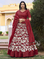 Bewitching Red Floral Printed Tussar Silk Lehenga Choli With Dupatta