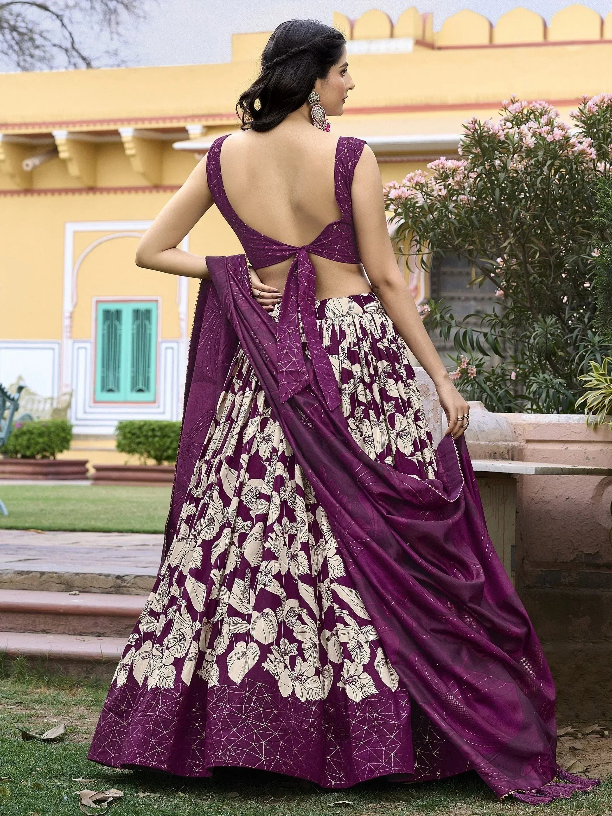 Purple floral lehenga choli with backless blouse, perfect for Indian ethnic wear events