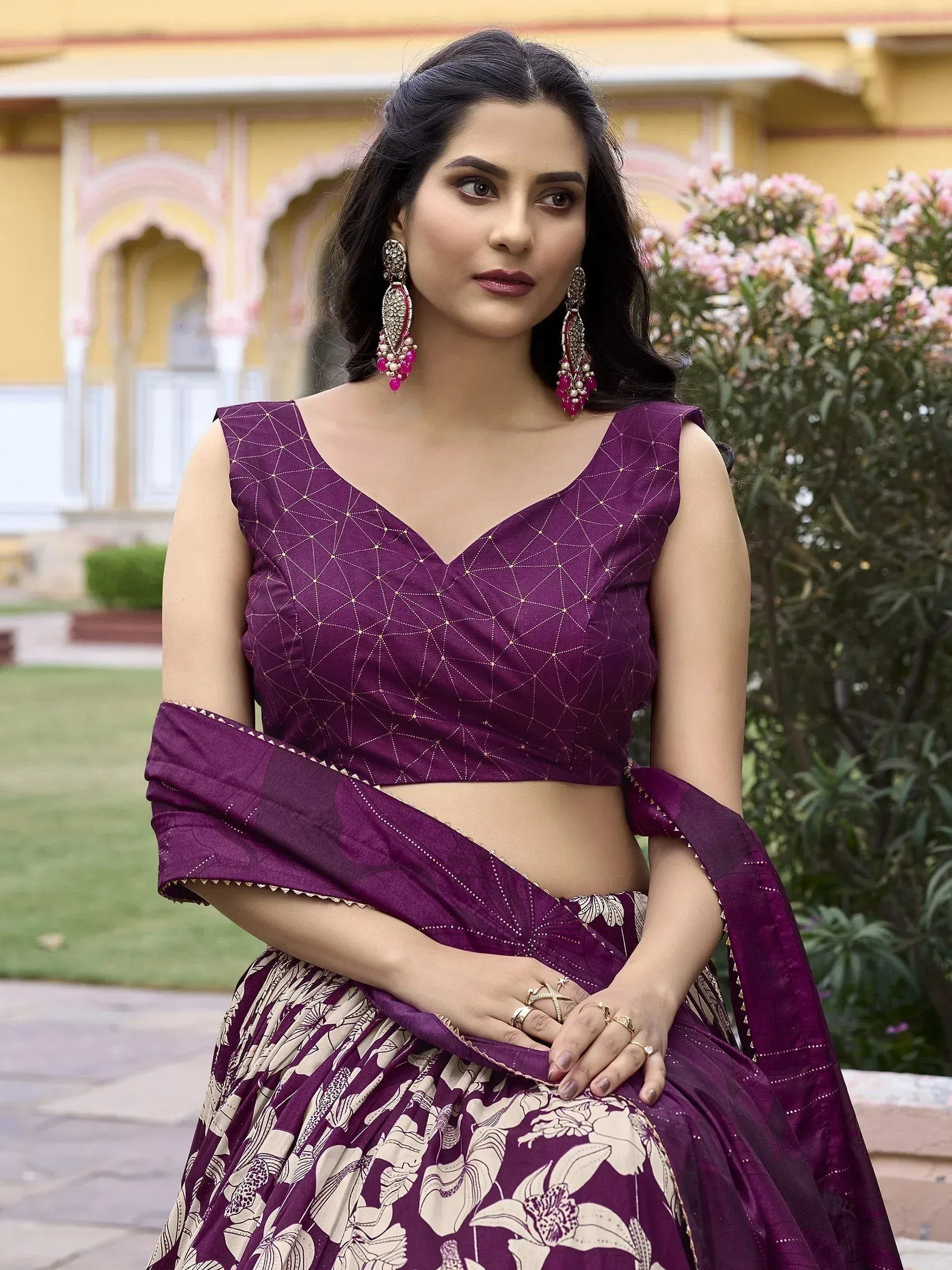 Purple floral lehenga choli with geometric blouse, perfect for Indian ethnic wear occasions