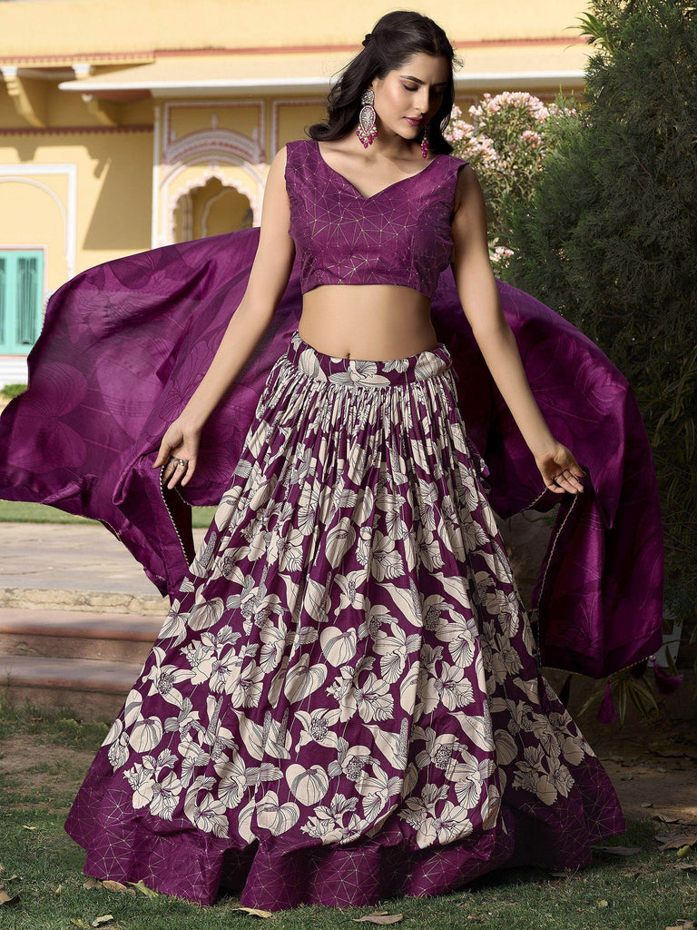 Beautiful Wine Floral Printed Tussar Silk Navratri Lehenga Choli