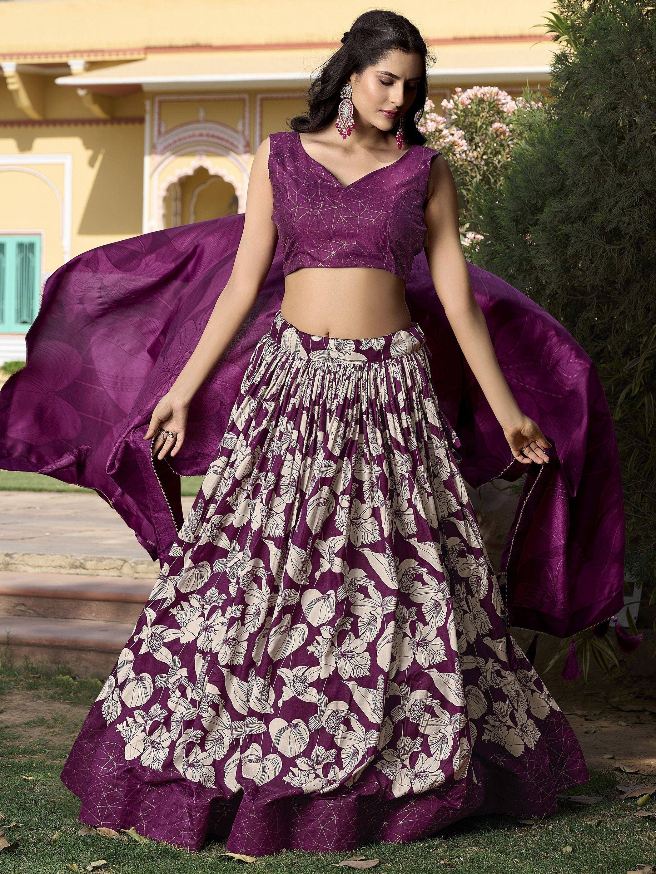 Purple floral lehenga choli with geometric blouse, perfect for Indian ethnic occasions