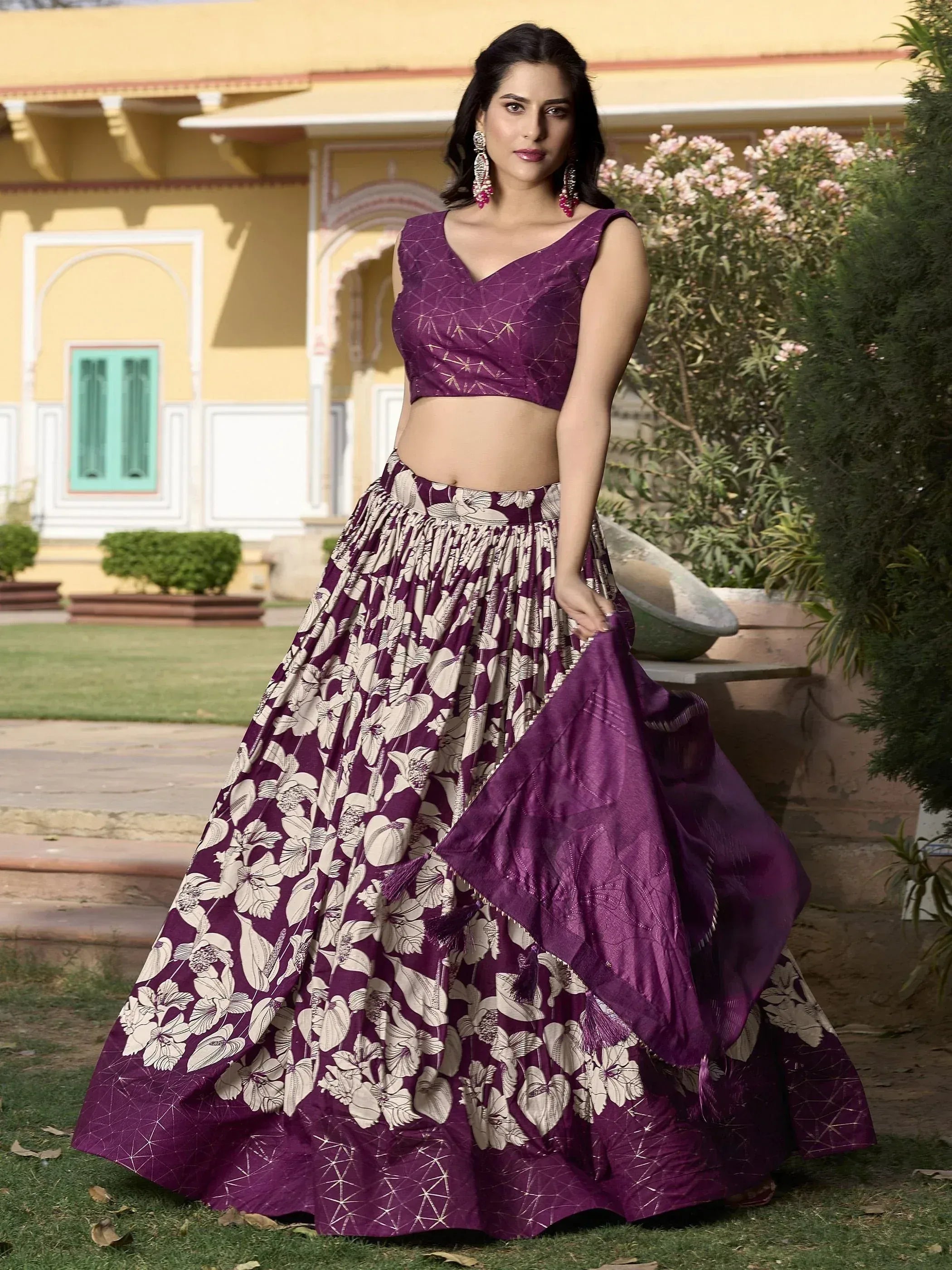 Purple floral lehenga choli with gold detailing, perfect for Indian ethnic wear occasions