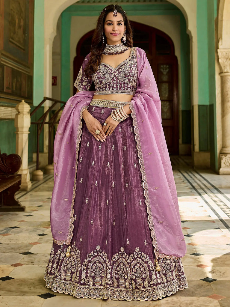 Awesome Wine Embroidered Crush Wedding Wear Lehenga Choli