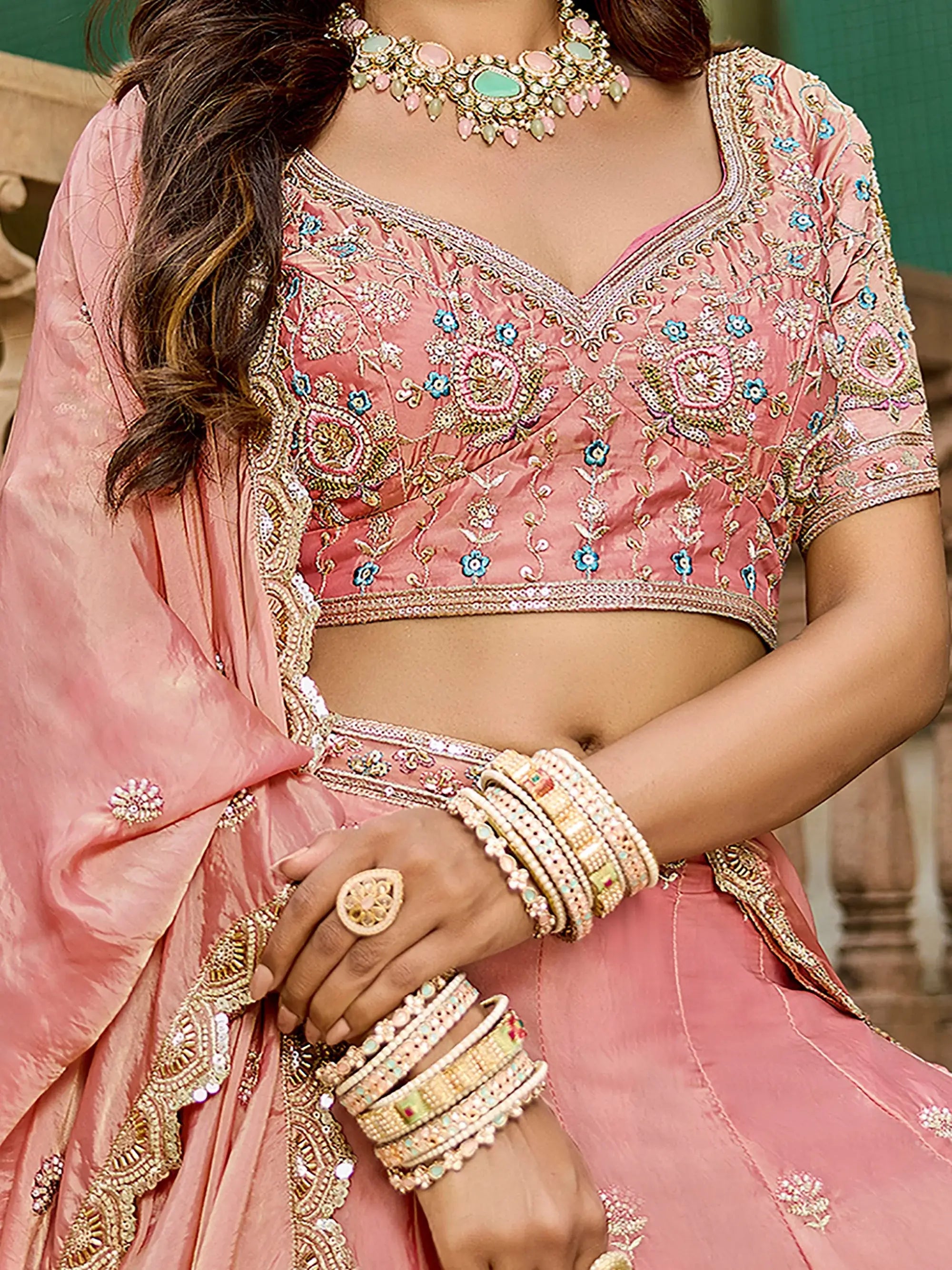 Glamorous Pink Embroidered Crush Bridesmaid Lehenga Choli