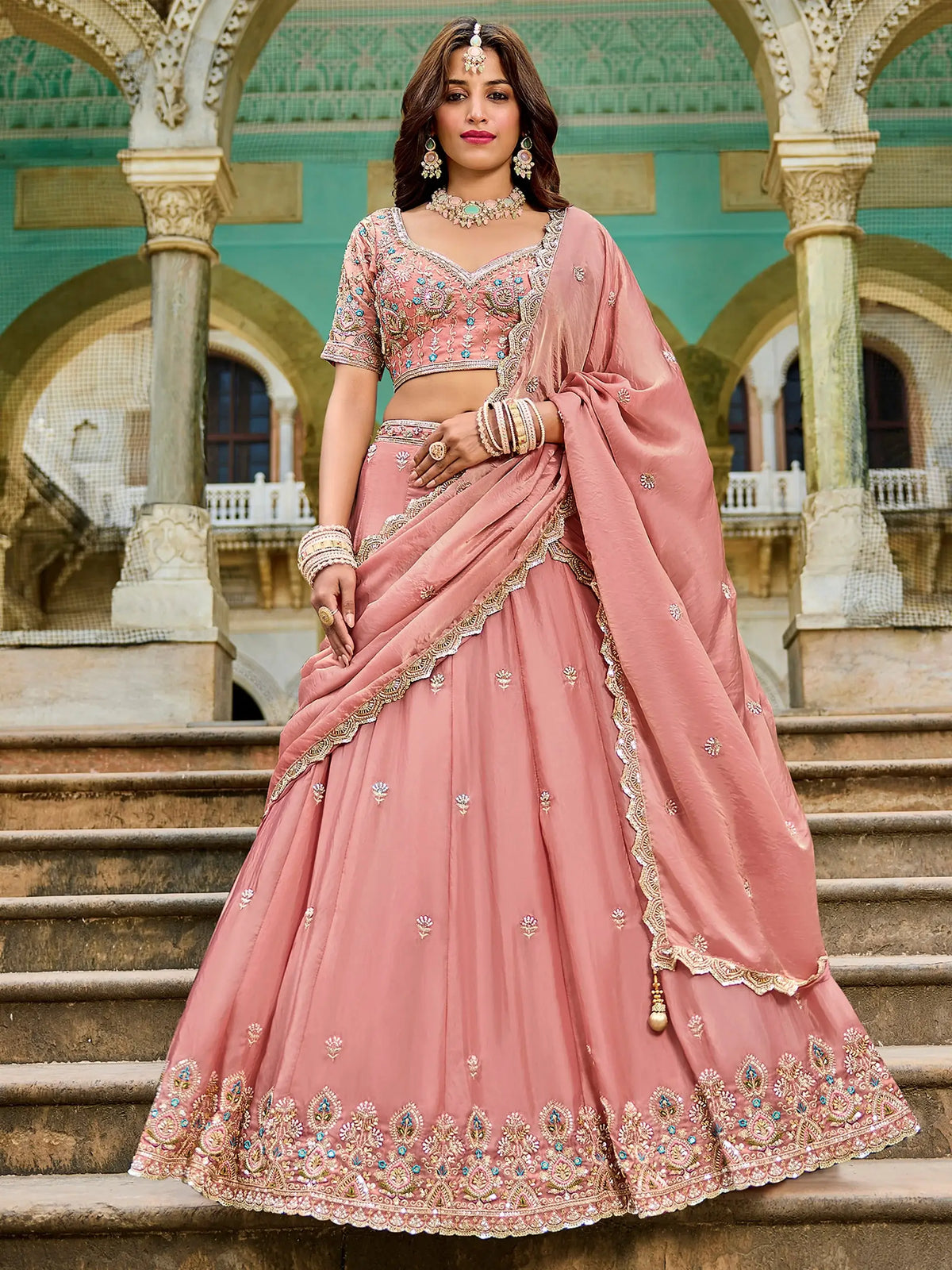 Glamorous Pink Embroidered Crush Bridesmaid Lehenga Choli