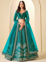 Graceful Teal Blue Embroidered Velvet Reception Wear Lehenga Choli