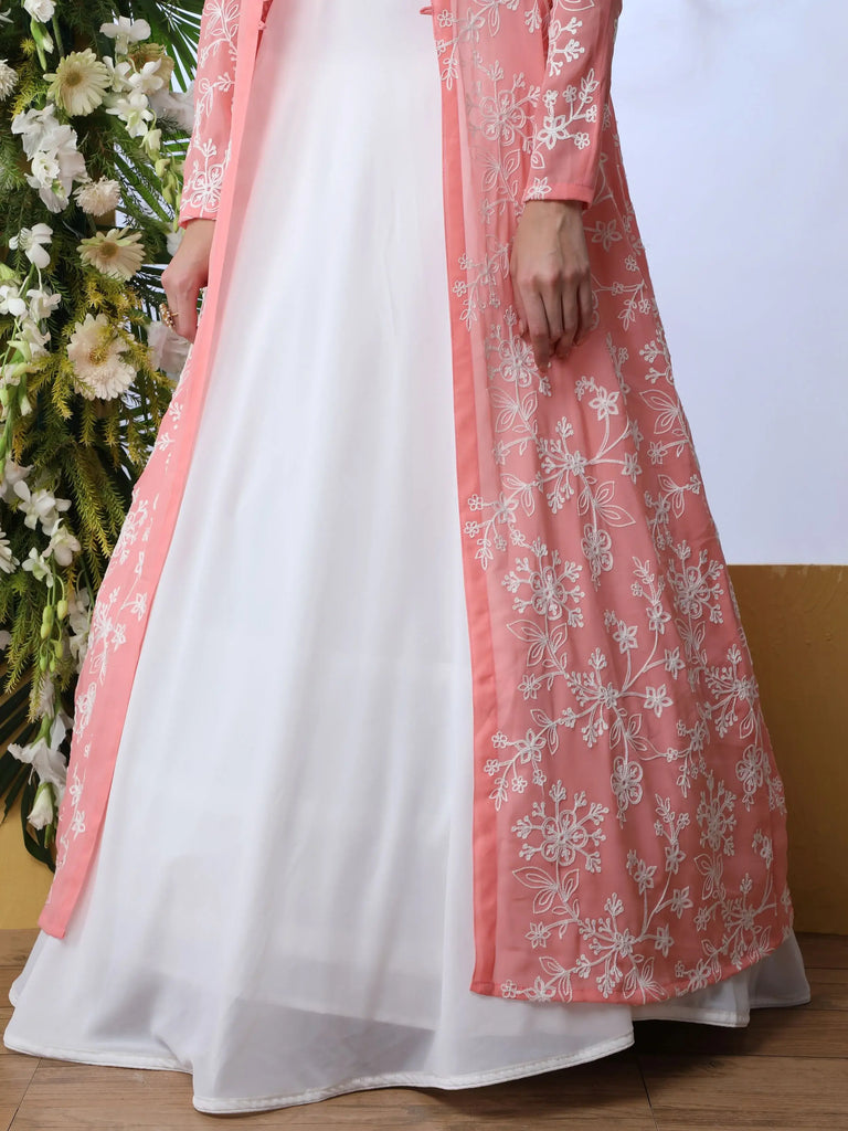 Artistic White Georgette Event Wear Crop Top Lehenga With Shrug