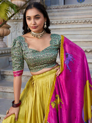 Alluring Mustard Yellow Tussar Silk Kalamkari Print Lehenga Choli