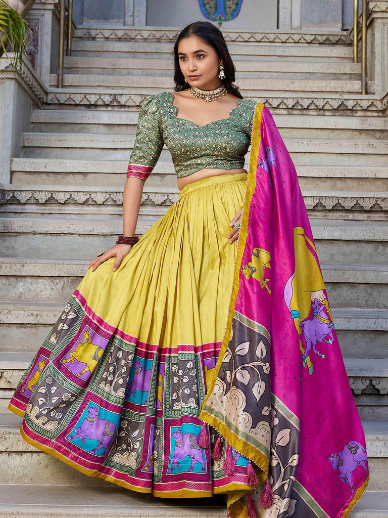 Alluring Mustard Yellow Tussar Silk Kalamkari Print Lehenga Choli