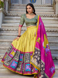 Alluring Mustard Yellow Tussar Silk Kalamkari Print Lehenga Choli