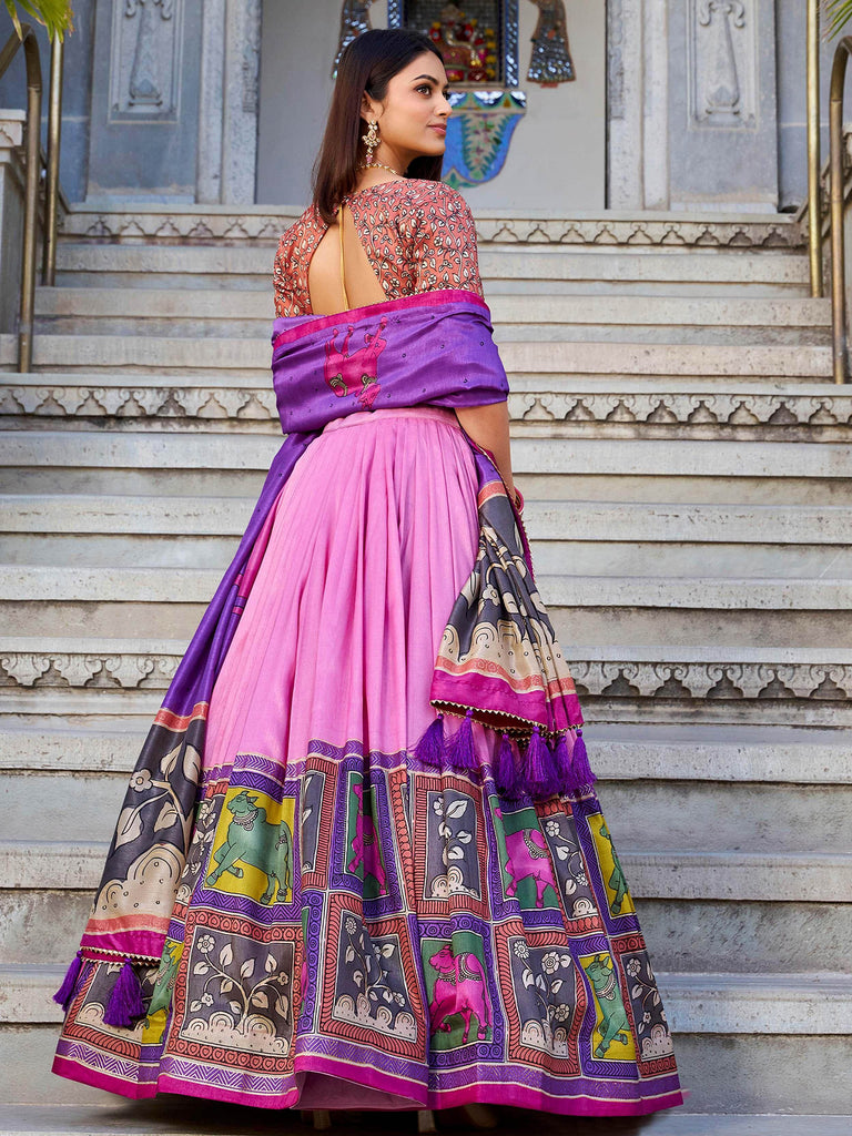 Glamorous Pink Tussar Silk Foil Work Lehenga Choli With Dupatta