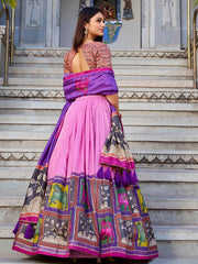 Glamorous Pink Tussar Silk Foil Work Lehenga Choli With Dupatta