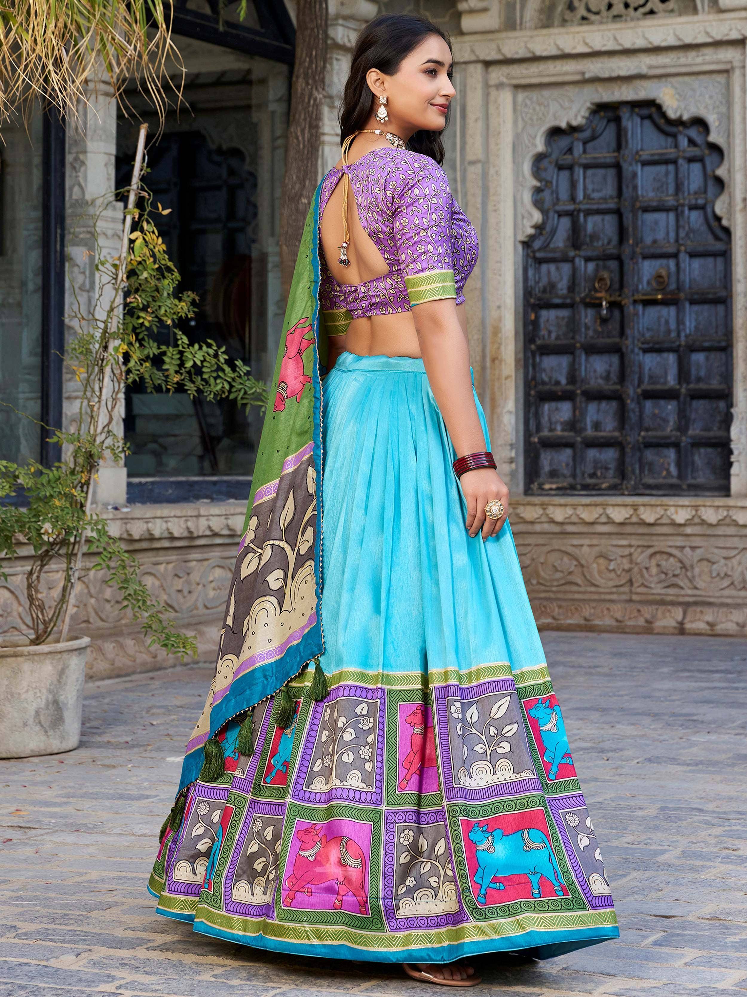 Amazing Blue Kalamkari Printed Tussar Silk Lehenga Choli