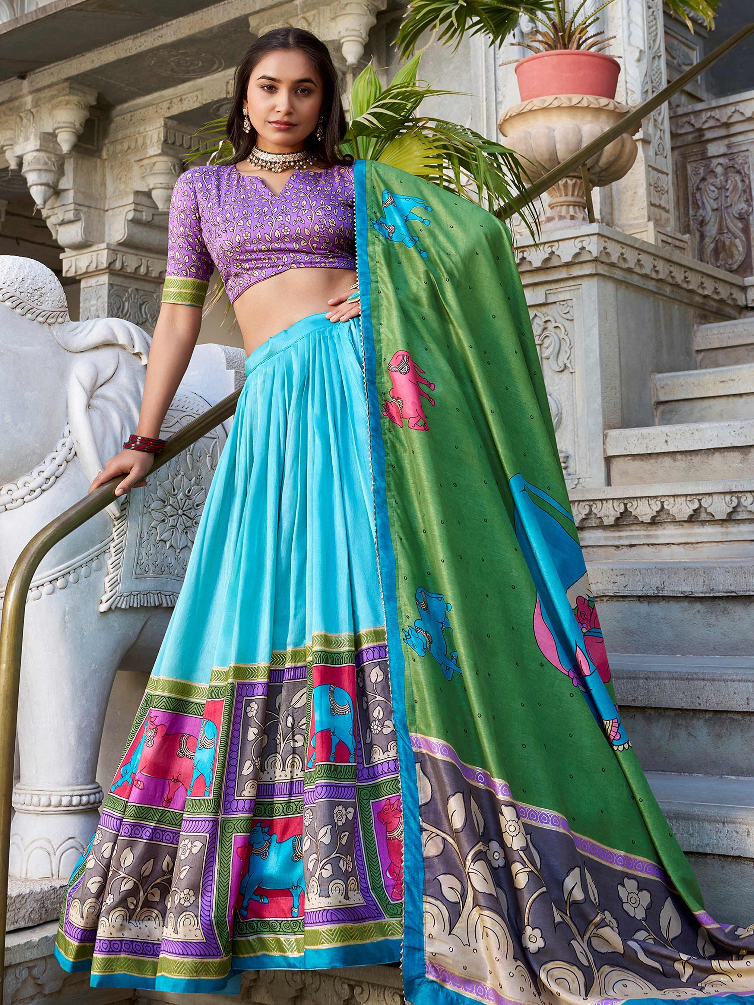 Amazing Sea Green Kalamkari Printed Tussar Silk Lehenga Choli