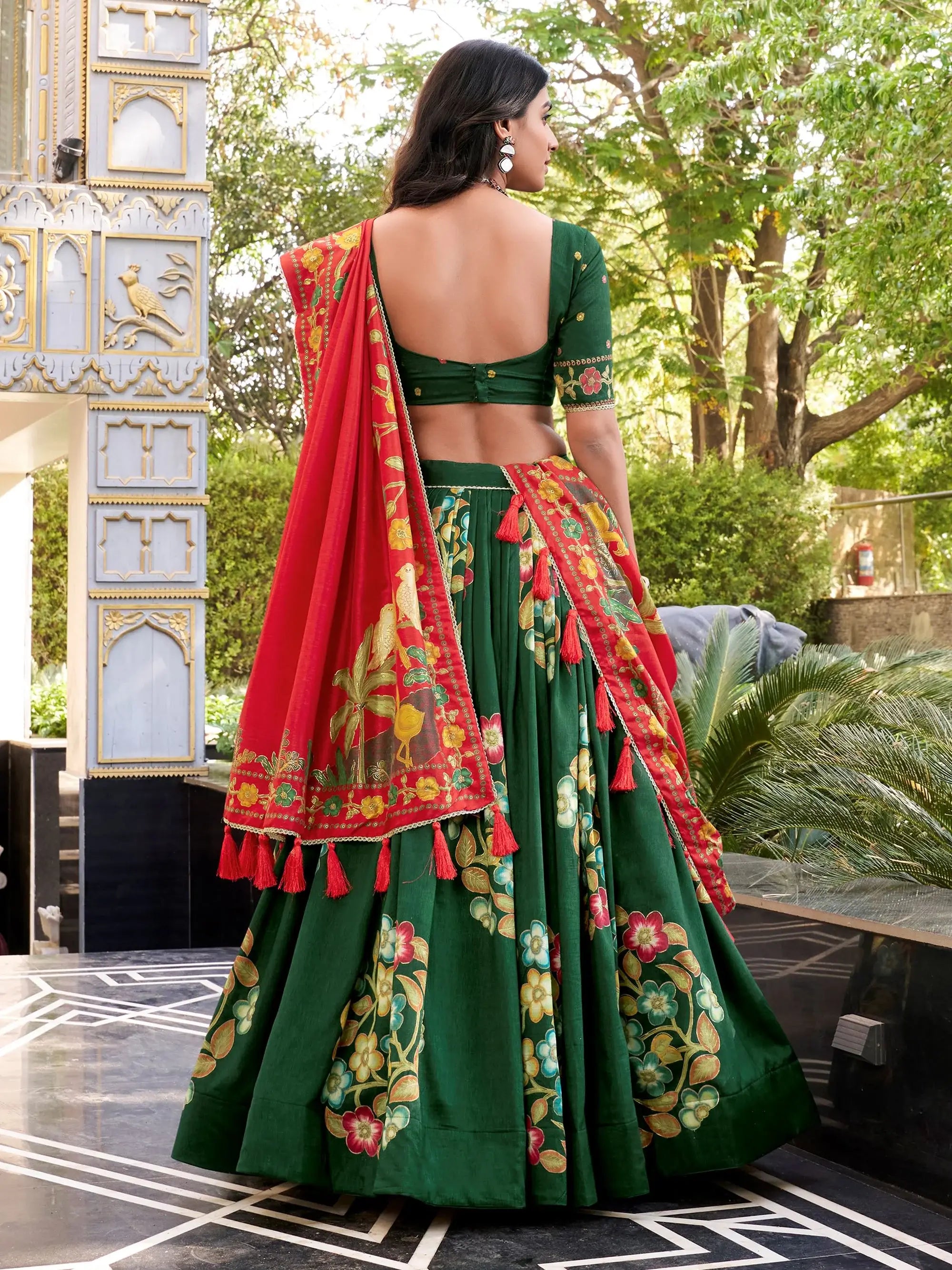 Fabulous Green Floral Printed Silk Bridesmaid Lehenga Choli