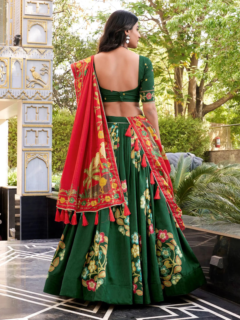 Fabulous Green Floral Printed Silk Bridesmaid Lehenga Choli