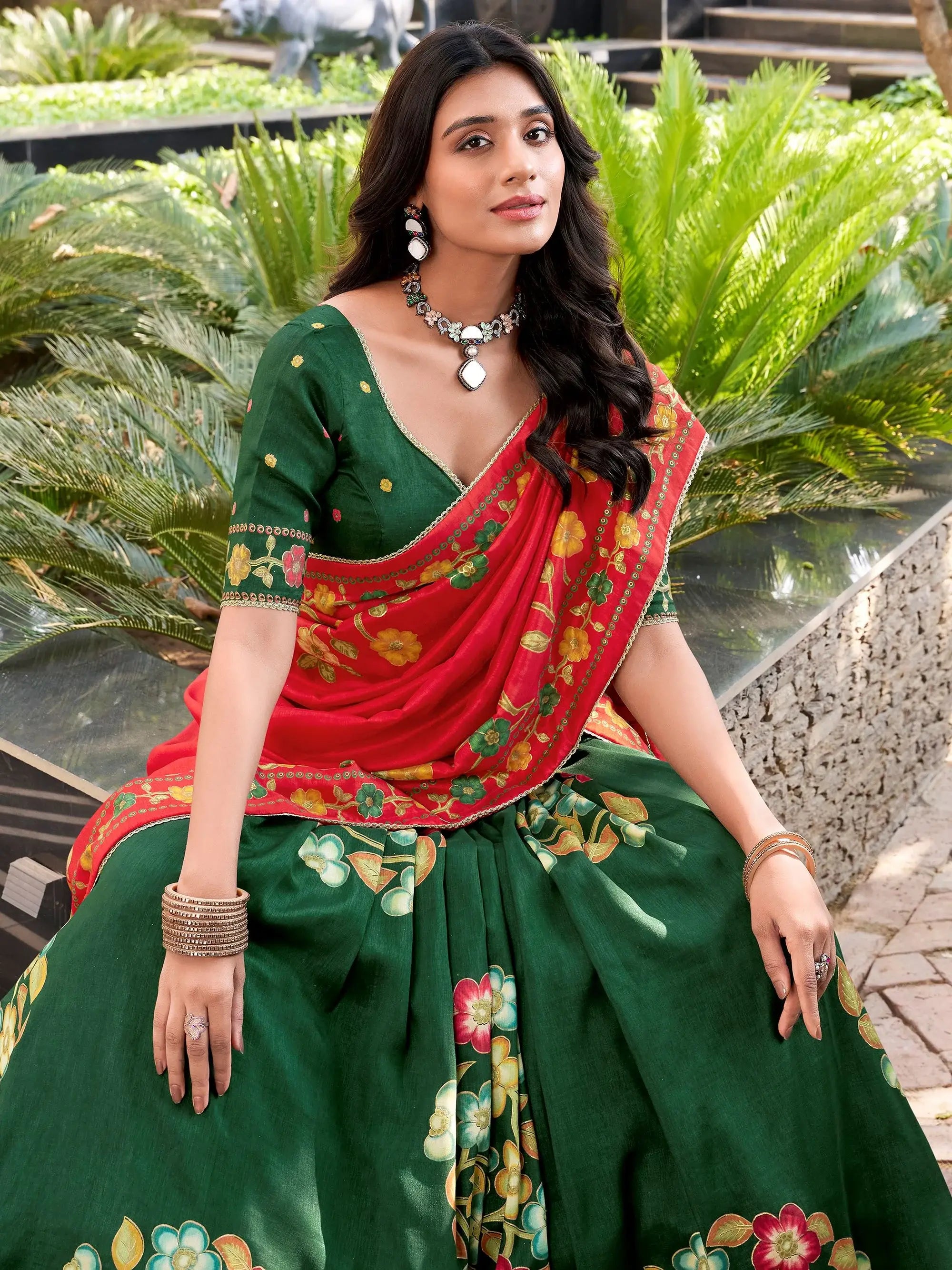 Fabulous Green Floral Printed Silk Bridesmaid Lehenga Choli