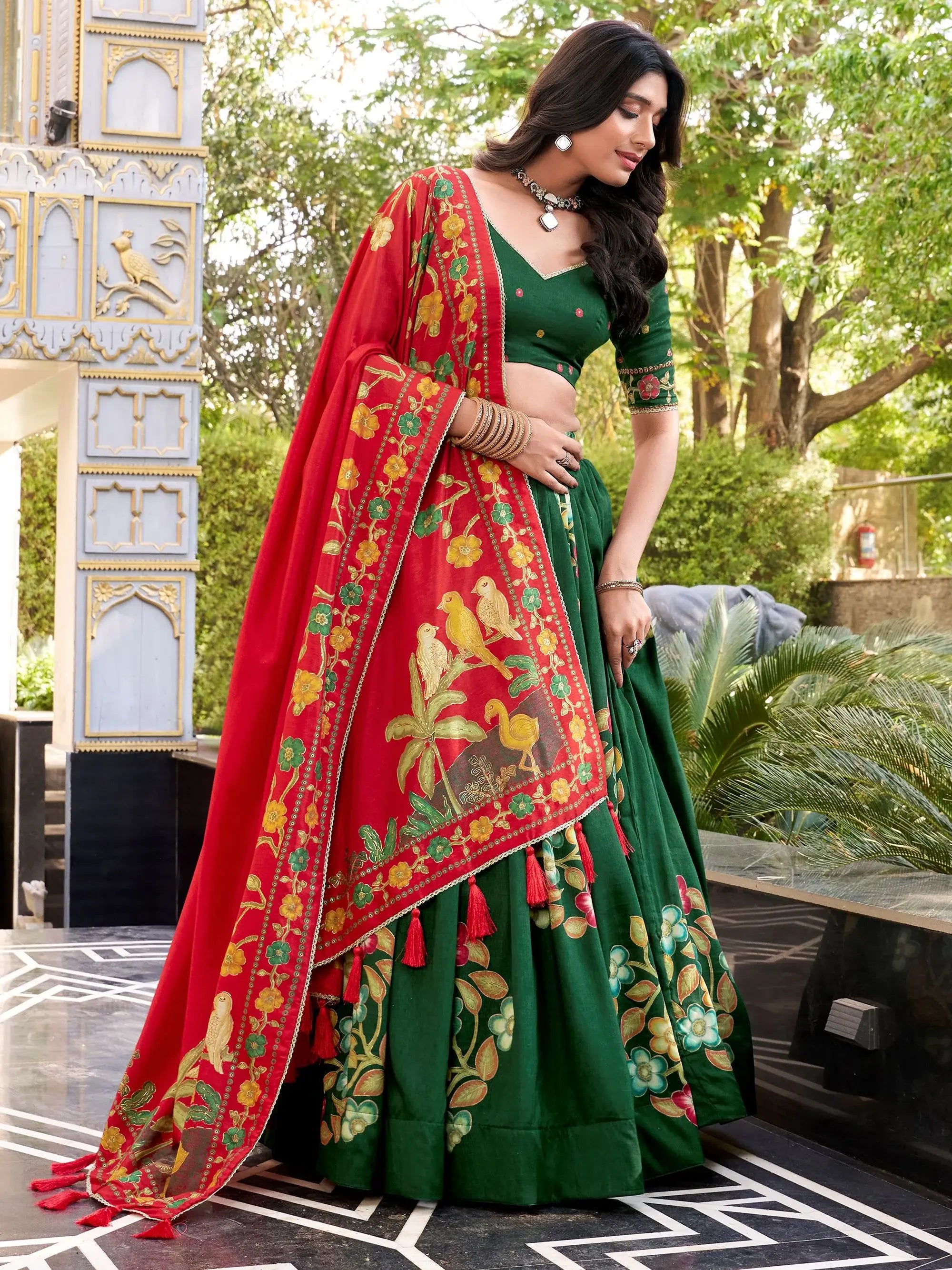 Fabulous Green Floral Printed Silk Bridesmaid Lehenga Choli