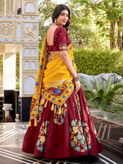 Fantastic Maroon Floral Printed Silk Wedding Wear Lehenga Choli