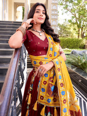 Fantastic Maroon Floral Printed Silk Wedding Wear Lehenga Choli