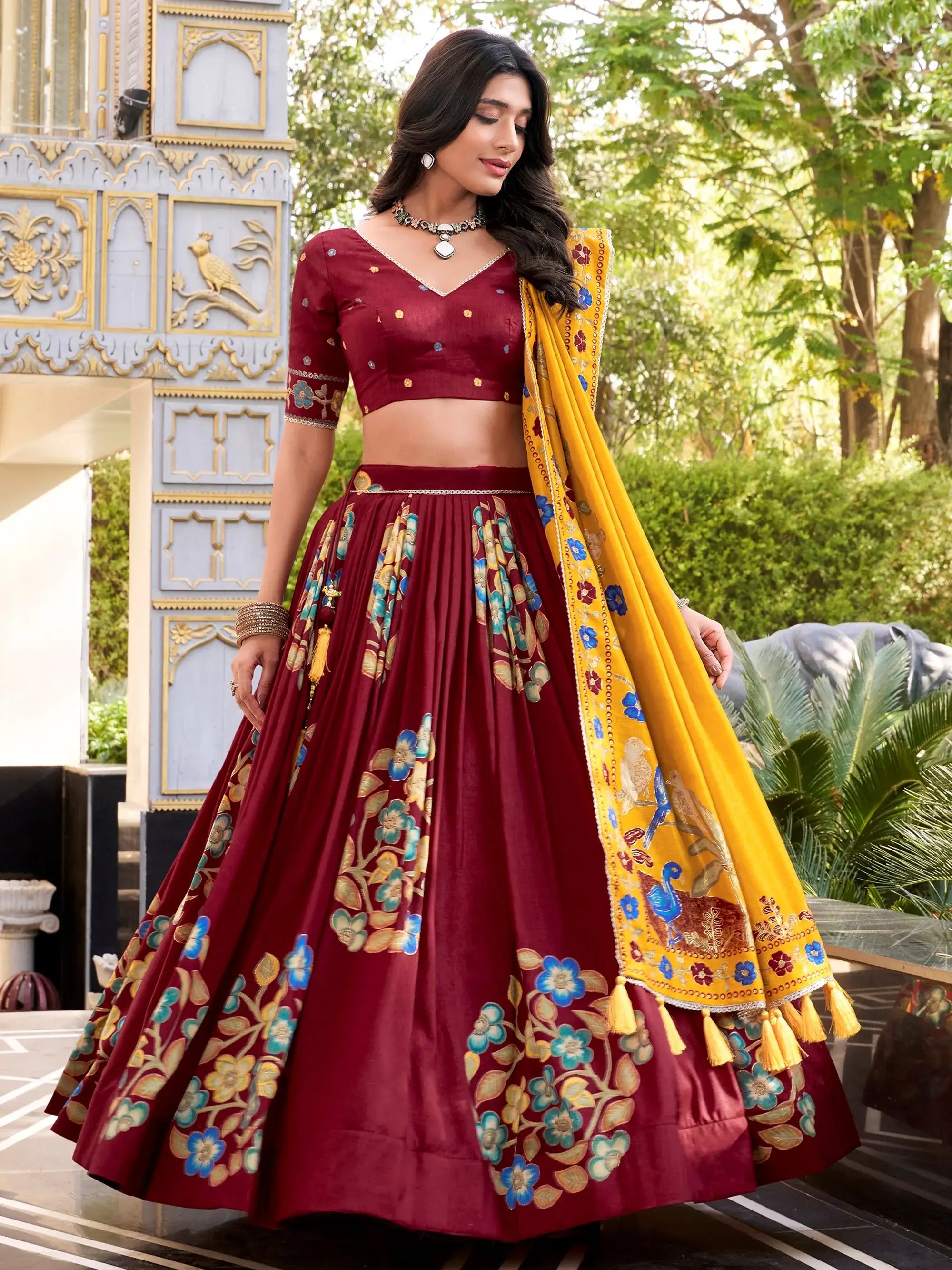 Fantastic Maroon Floral Printed Silk Wedding Wear Lehenga Choli