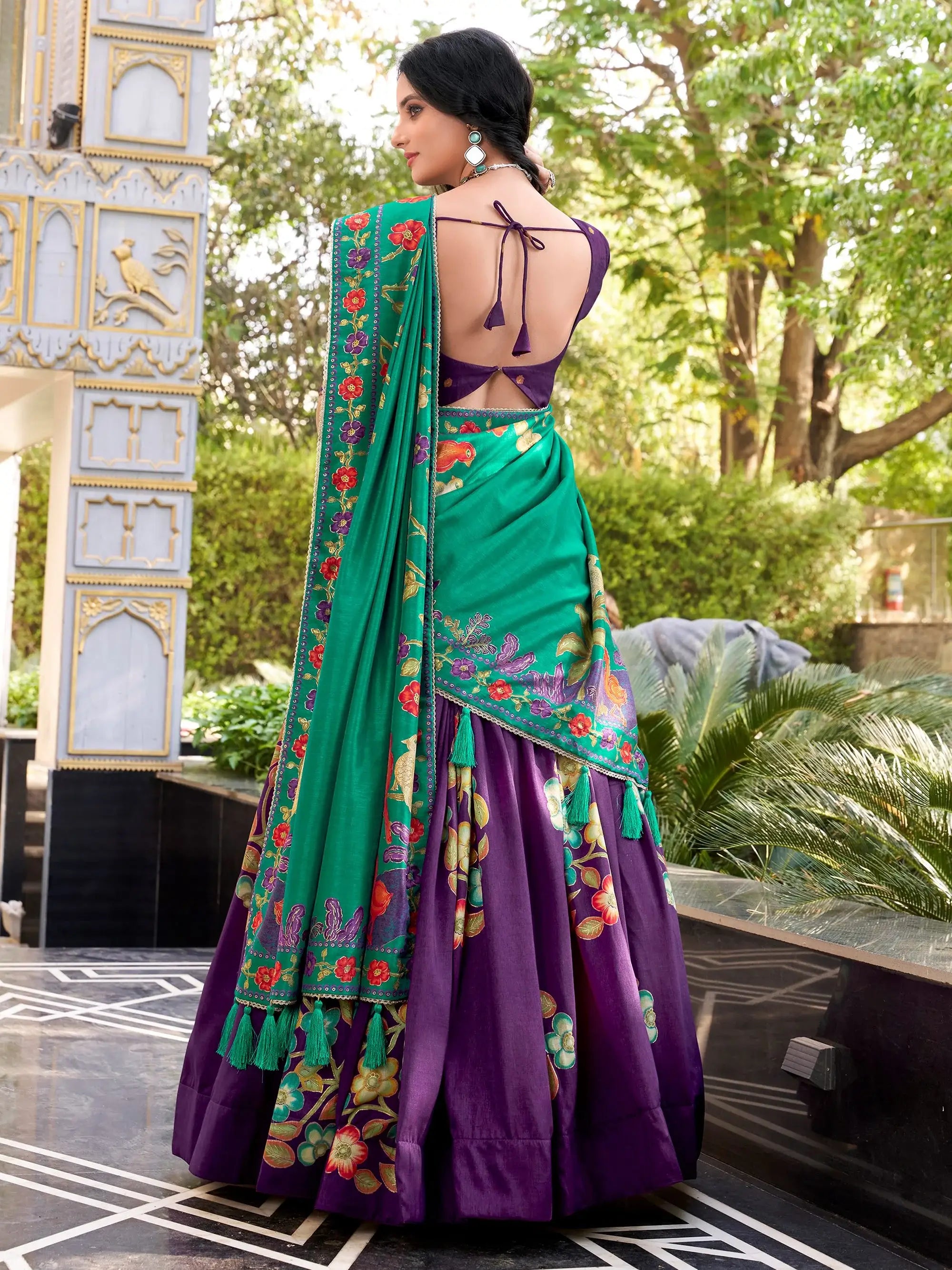 Sparkling Purple Floral Printed Silk Festival Wear Lehenga Choli
