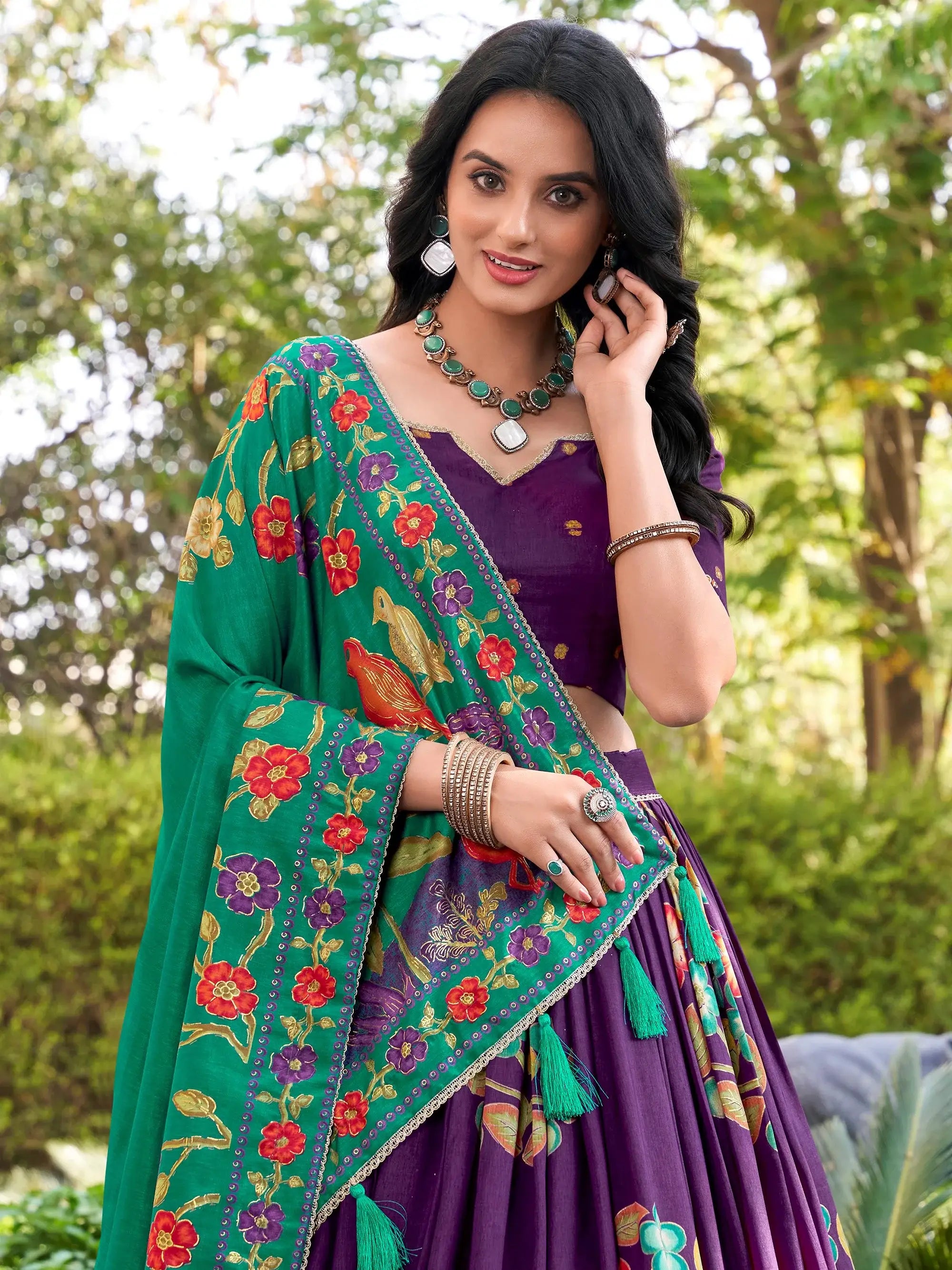 Sparkling Purple Floral Printed Silk Festival Wear Lehenga Choli