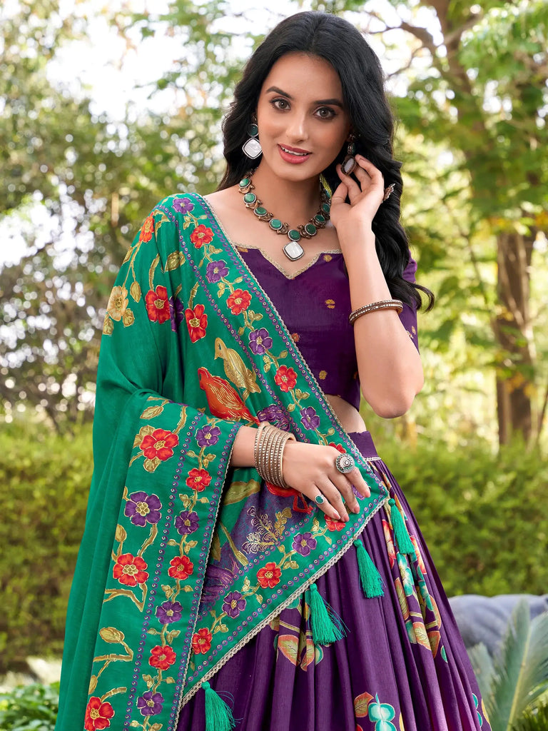 Sparkling Purple Floral Printed Silk Festival Wear Lehenga Choli