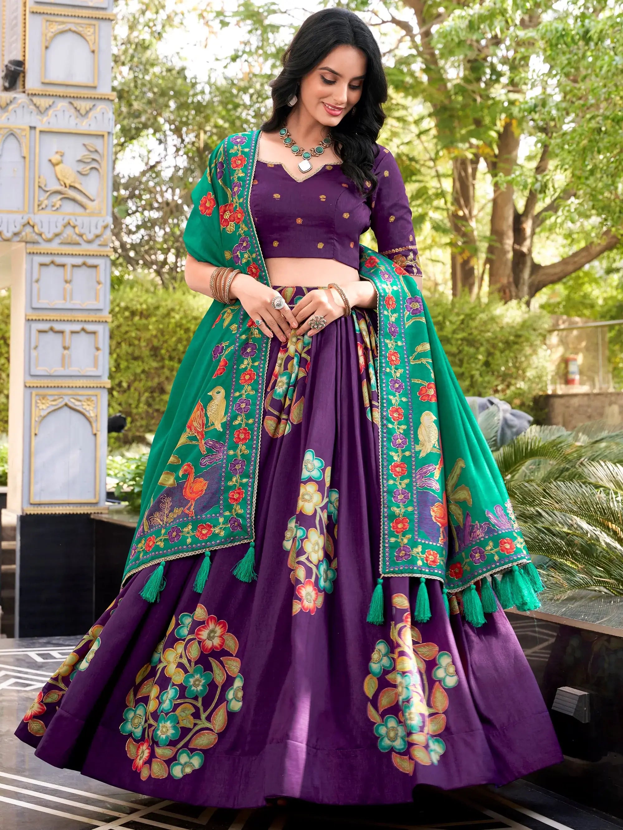 Sparkling Purple Floral Printed Silk Festival Wear Lehenga Choli