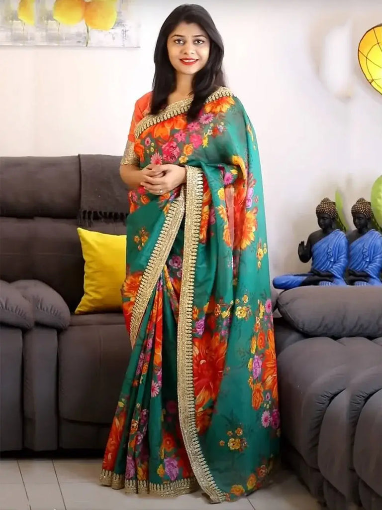 Sabyasachi Green Floral Organza Wedding Wear Saree With Blouse