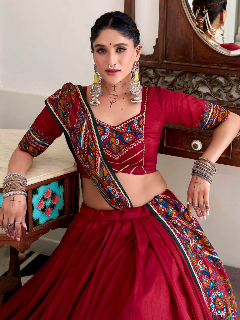 Marvelous Red Gamthi Printed Tussar Silk Festive Lehenga Choli