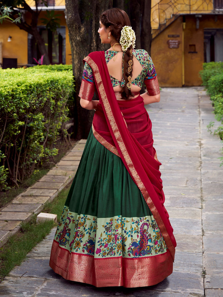Great Green Zari Weaving Silk Traditional Half Saree Lehenga Choli