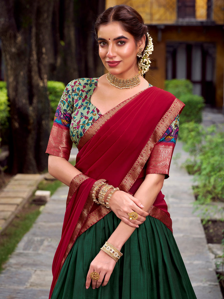 Great Green Zari Weaving Silk Traditional Half Saree Lehenga Choli