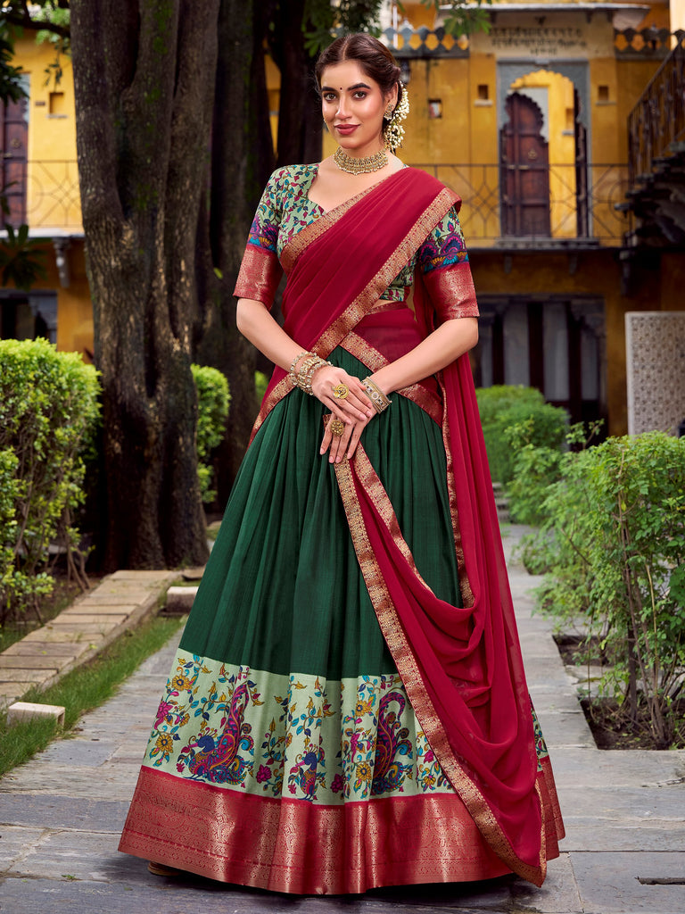 Great Green Zari Weaving Silk Traditional Half Saree Lehenga Choli