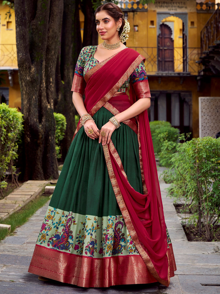Great Green Zari Weaving Silk Traditional Half Saree Lehenga Choli
