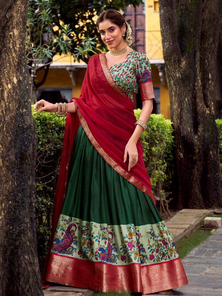 Great Green Zari Weaving Silk Traditional Half Saree Lehenga Choli