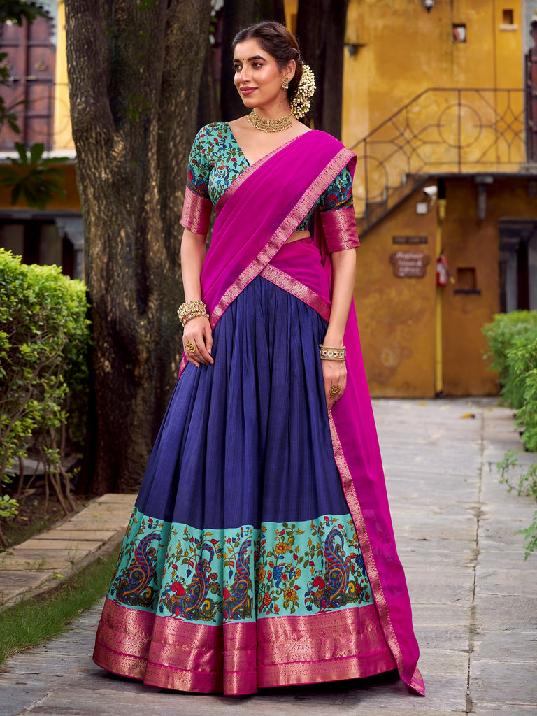 Gorgeous Blue Zari Weaving Silk Festive Wear Half Saree Lehenga Choli