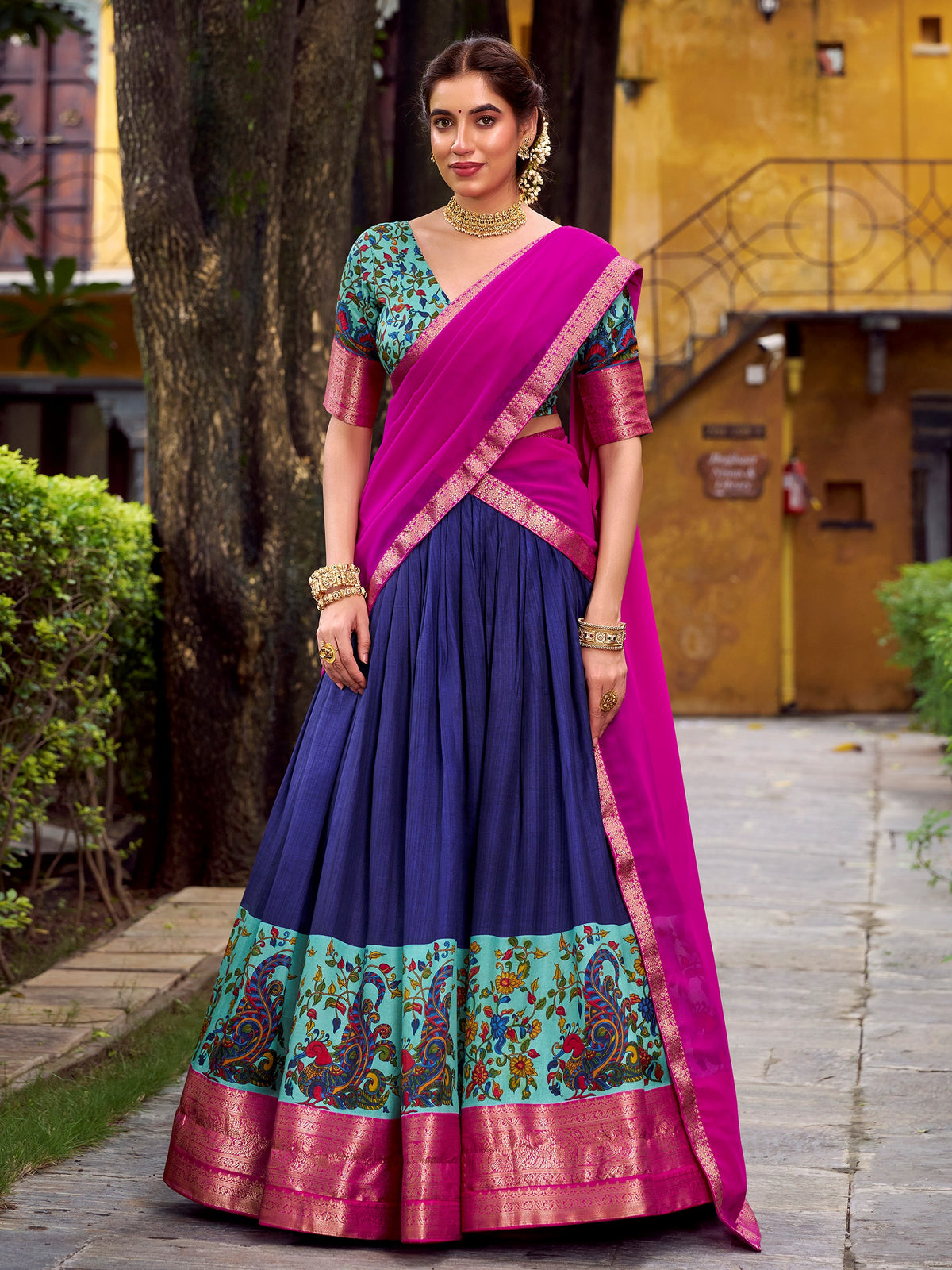 Gorgeous Blue Zari Weaving Silk Festive Wear Half Saree Lehenga Choli