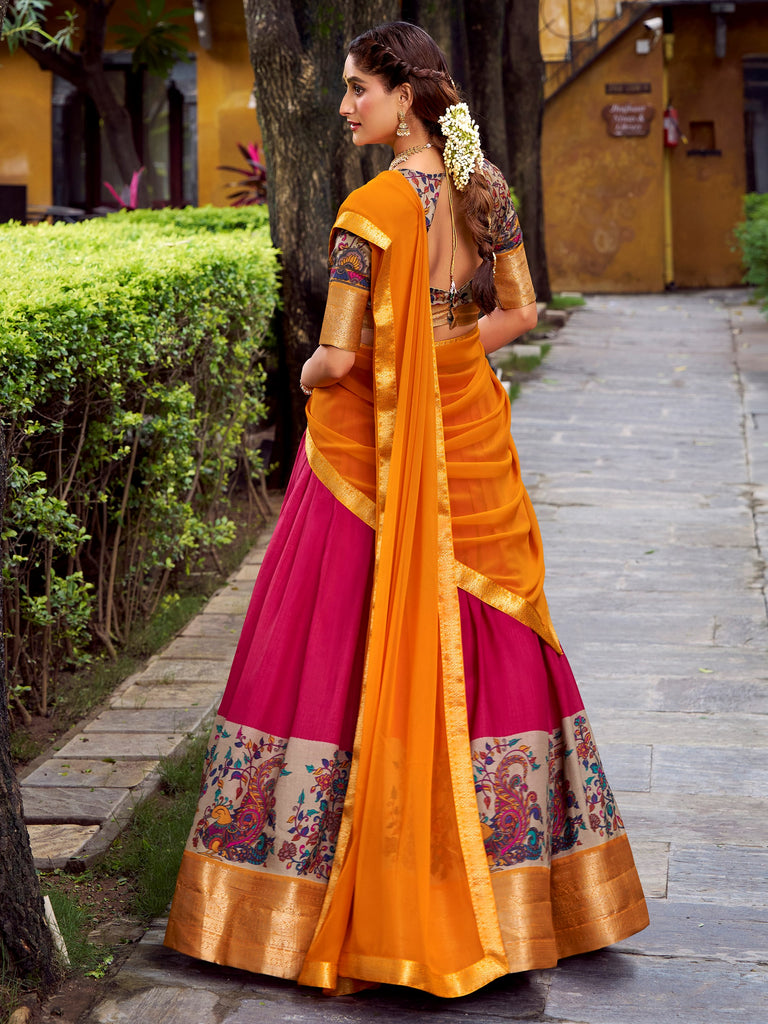 Alluring Pink Zari Weaving Silk Festive Wear Half Saree Lehenga Choli