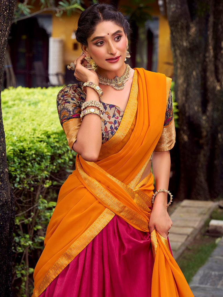 Alluring Pink Zari Weaving Silk Festive Wear Half Saree Lehenga Choli