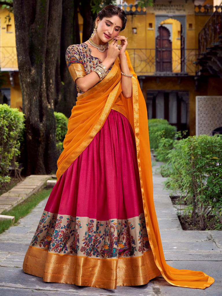 Alluring Pink Zari Weaving Silk Festive Wear Half Saree Lehenga Choli