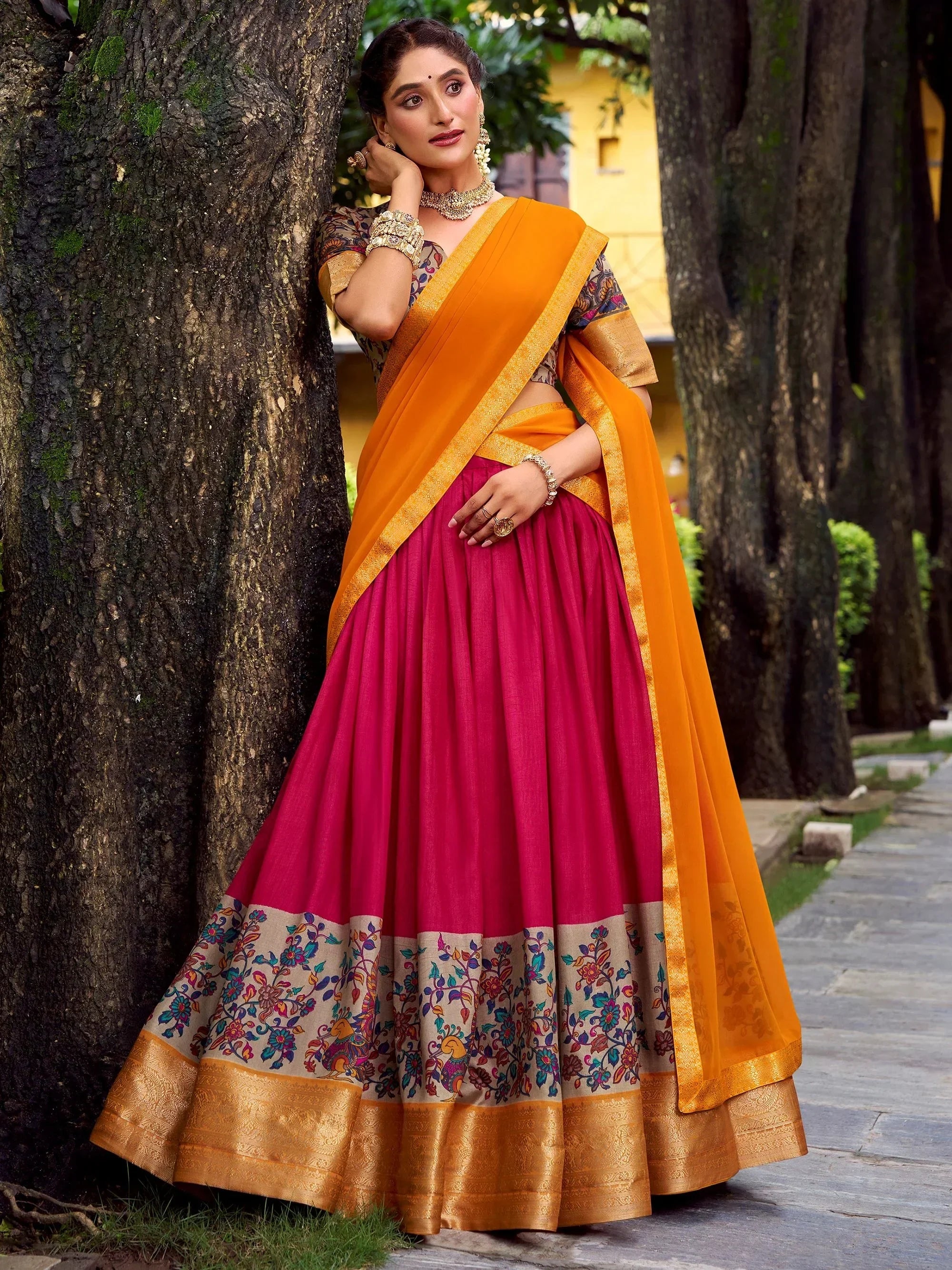 Alluring Pink Zari Weaving Silk Festive Wear Half Saree Lehenga Choli