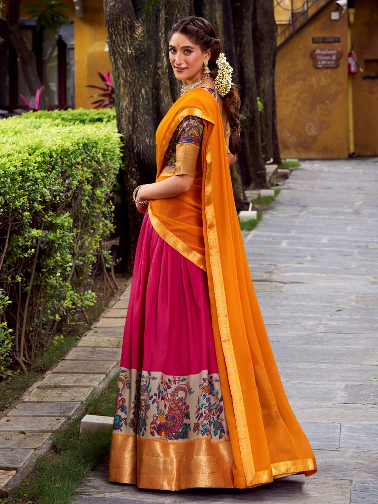 Alluring Pink Zari Weaving Silk Festive Wear Half Saree Lehenga Choli